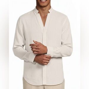 Murano  Baird McNutt Mandarin Collar Roll-Tab Long Sleeve Linen Woven Shirt L